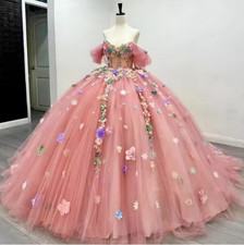 Pink Quinceanera Dresses Beading Flower Tull Birthday Party Dress Vestidos 15 De