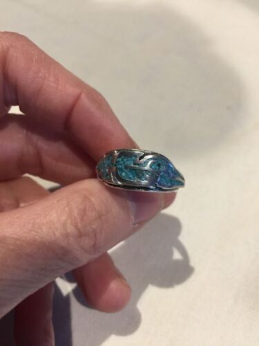 Vintage Men's Feather Ring Southwestern Silver Turquoise Inlay Size 9