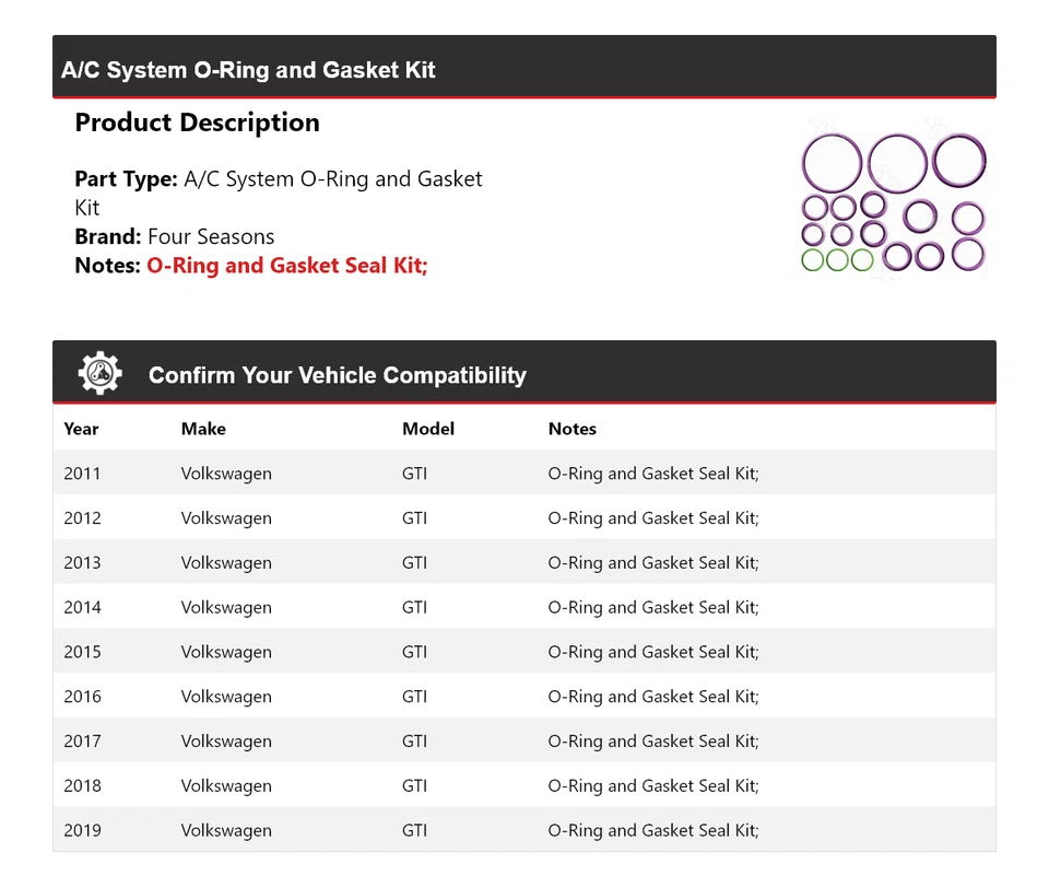 Комплект уплотнительных колец и прокладок для системы кондиционирования Volkswagen GTI 2011-2019 4 сезона 2012 - Изображение 2 из 4