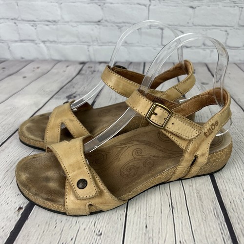 Taos Sandals Womens 8-8.5 Trulie Tan Leather Shoes Wedge Cork Strappy Classic - Picture 3 of 13