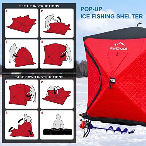  Pop Up 3-4 Person Ice Fishing Shelter, Fully Insulated, Windproof and 1Red