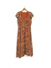 Madewell Midi Dress Button Front Gathered Blooms Rusted Tin Orange Grey White 12