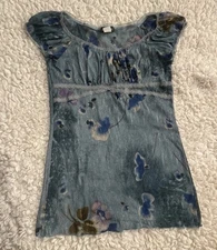 Wet Seal Shirt XL Floral Blue Y2K 90s Semi Sheer Watercolor