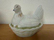 Seltene alte Glashenne, Deckeldose - Butterhuhn Milchglas um 1880