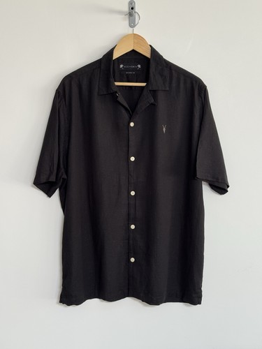 Camisa Allsaints “Canal” Manga Corta Ramskull Mezcla de Lino Negra Grande/Relajada