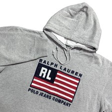 Vintage Polo Jeans Co Ralph Lauren RL Flag Hoodie Gray Fleece Mens M/L READ 