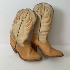 Vintage Frye Tan and Cream Heeled cowboy Boots 6.5