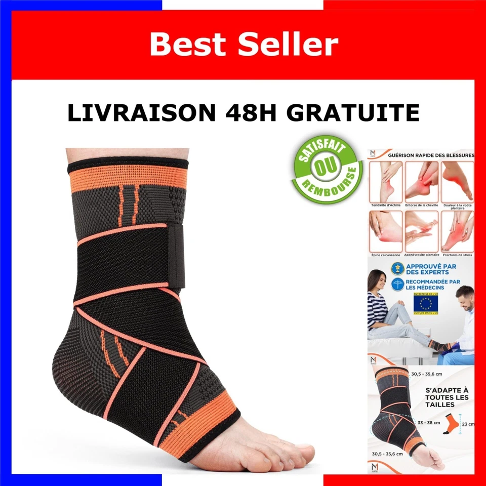 Attelle de cheville Mata1 Compression Réglable Noir Orange Taille L - Photo 1/4