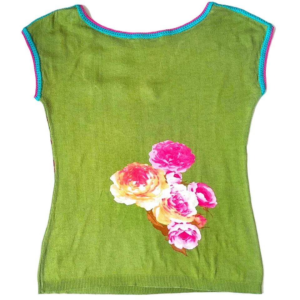 Blumarine Knit Top Made in Italy Chartreuse Green Blouse Short Cap Sleeves M - Image 2 of 4