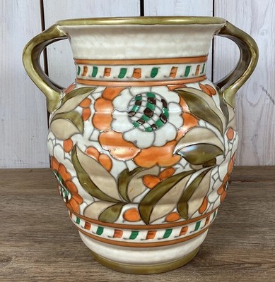 Charlotte Rhead Crown Ducal Pottery Twin Handled Vase Persian Rose Pattern 8.25 
