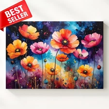 Sky Vibrant Colorful Canvas Neon Cosmic Wildflower Fantasy Starry Wall Art