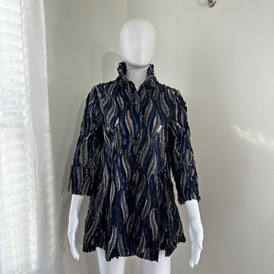 Damee Sz M Funky Art-to-Wear Jacket Topper Sequin Full Button Down Blue Silver