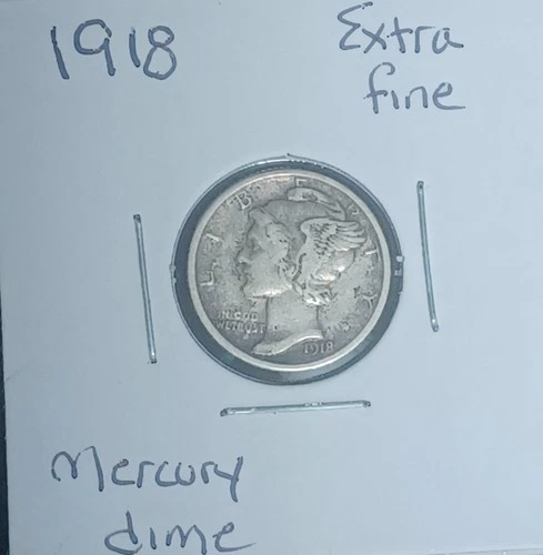 1918  90% SILVER  , Mercury Dime , Extra Fine   KM-140
