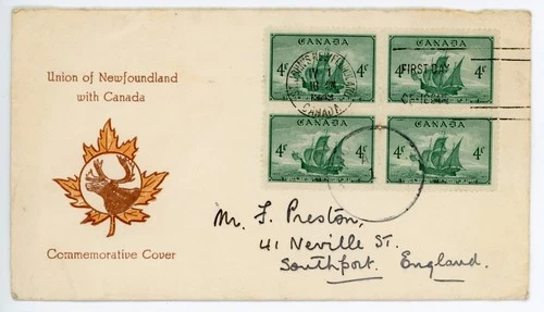 1949 Canada 4c block of 4 on Union of Newfoundland FDC used from St John's