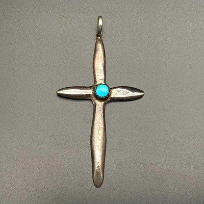 Vintage Navajo Native Turquoise Cross Sandcast Silver Pendant