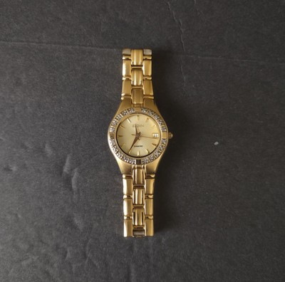 Elgin Diamond Gold Tone Watch EG185N Diamond Bezel Link Band 7'' Vintage