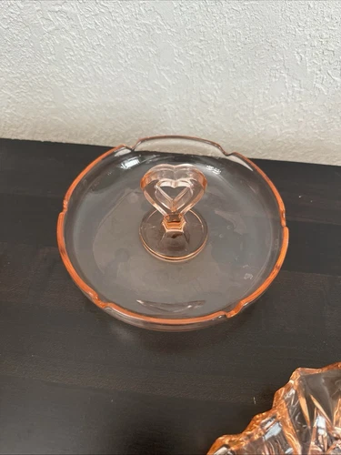 Vintage Pink Depression Glass 7" Round Candy Dish/Ashtray w/heart Shaped Handle