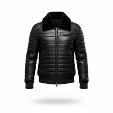 Giubbotto imbottito uomo nero semi trapuntato vera pelle di agnello collo pelliccia