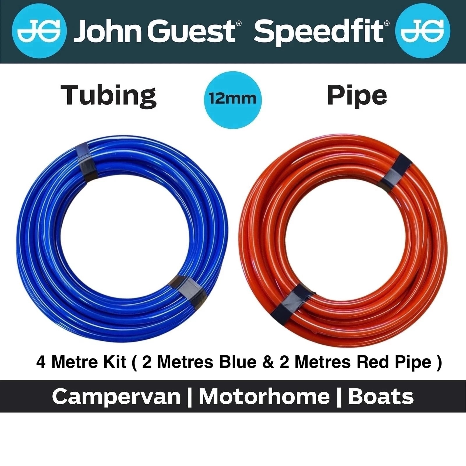 John Guest 2m RED & 2m BLUE 12mm Campervan Camper Motorhome Water Pipe 4m Kit