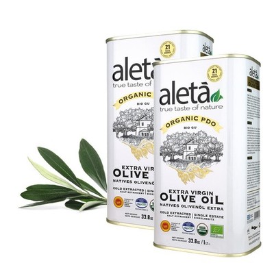 Aleta, Organic & PDO Extra Virgin Olive Oil, 1 Lt (33.8 oz.) Tin, Pack of 2