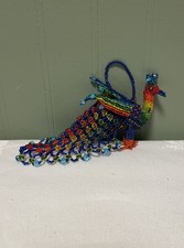 Hanging Ornament Beaded Peacock Handmade with Seed Beads 6&rdquo; Colorful Rainbow