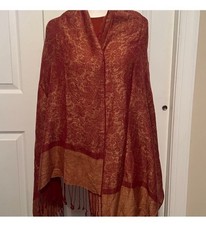 Cashmere Silk Paisley Pashmina Shawl Wrap Fringe Boho Rust Gold Oversized