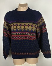 TOMMY HILFIGER Mens Sweater Fair Isle Nordic Size Large Blue Thick Wool Cotton