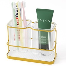 Gold Toothbrush Holders for Bathrooms, 2 Cups Toothbrush Holders Wall Mounted...