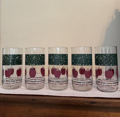 Vintage Libbey Red Country Apple Sponge-ware Drinking Glasses Set Of 5 16oz