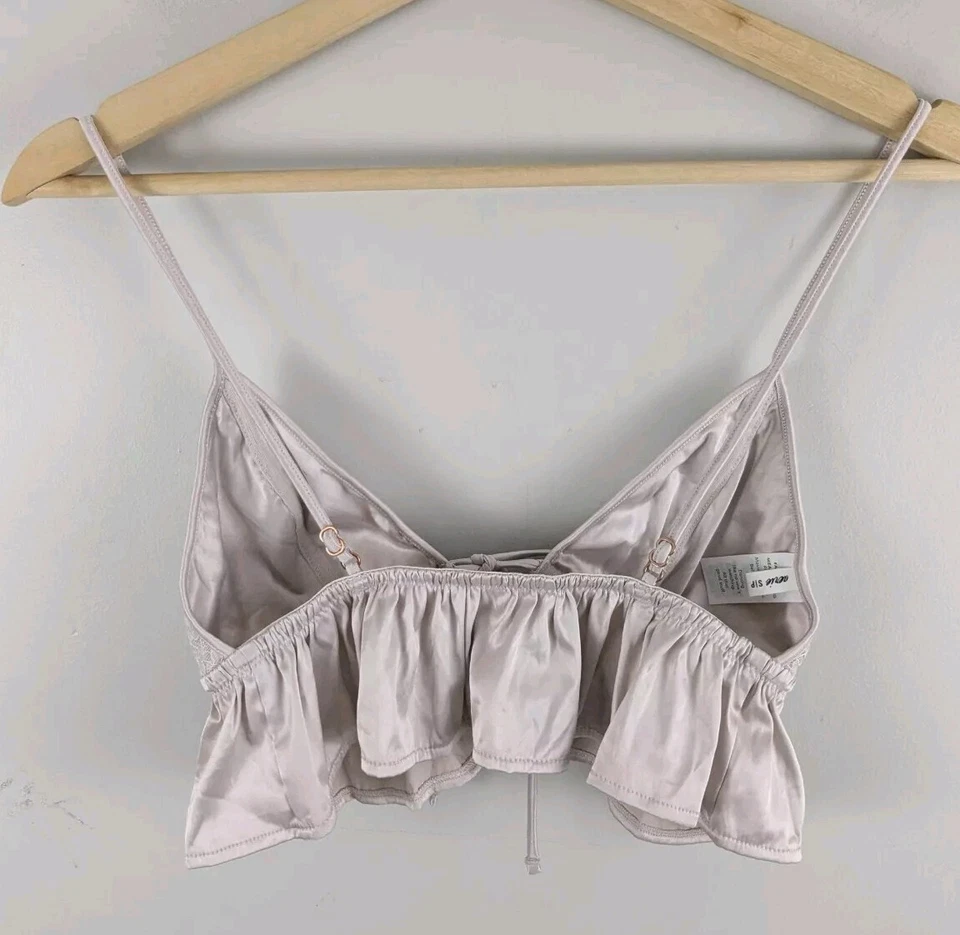 Bralette inalámbrico de encaje satinado Aerie Top lazo frontal champán suave volantes ribete S Foto 4 de 4