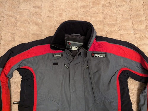 Spyder Softshell Hooded Zip Mens Gray Red Black Ski Snow Coat Jacket Large - Picture 2 of 11