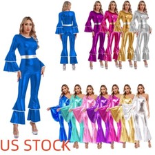 Women 70s Disco Bodysuit Shiny Metallic Hippie Jumpsuit Halloween Party Dance