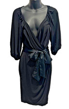 BEBE WRAP dress Black Deep V-Neck Sexy Asymetrical Hem Belted Size SMALL