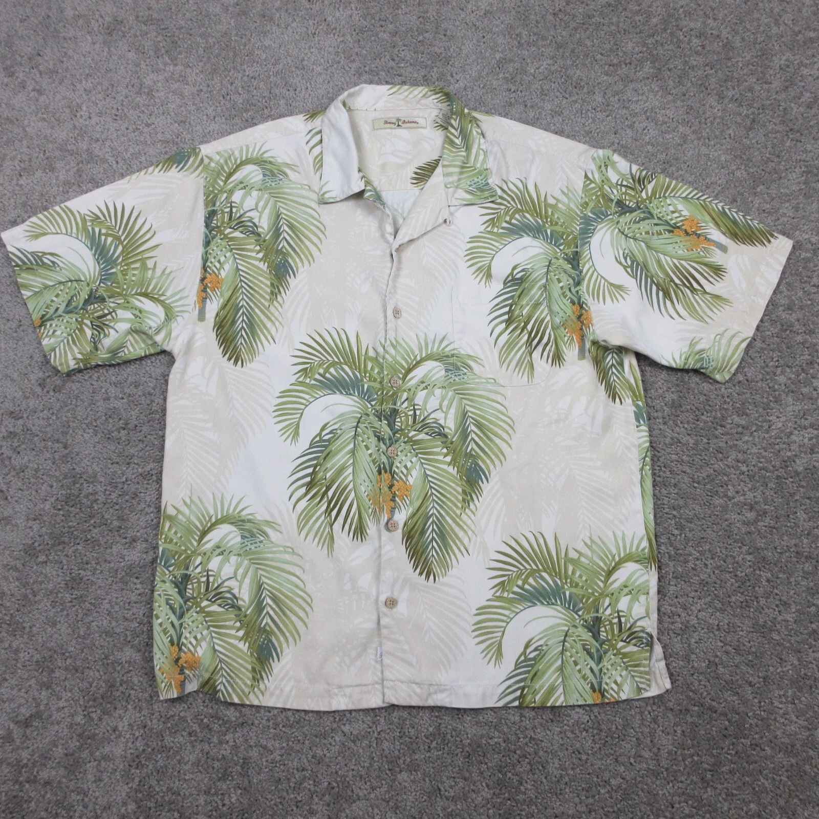 Tommy Bahama Shirt Mens Large Beige Floral Loop Collared Tropical Aloha Tiki