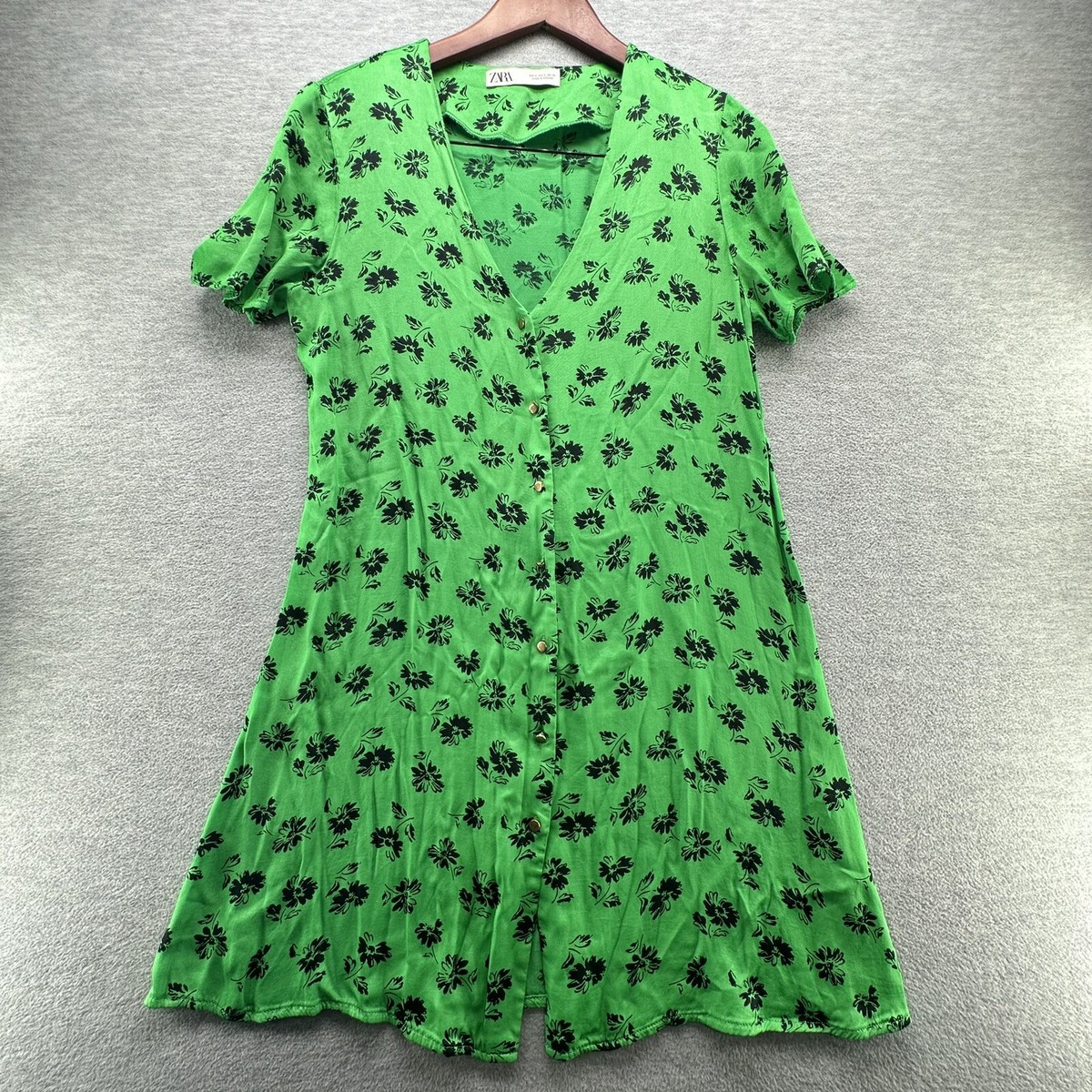 mini green dress zara Floral V-Neck Button Front Womens Casual Size S (A27) dark green zara green dress