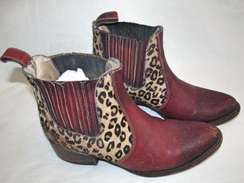 FreeBird Lasso Distressed Leopard Cow Fur Leather Ankle Boots Womens Size 8