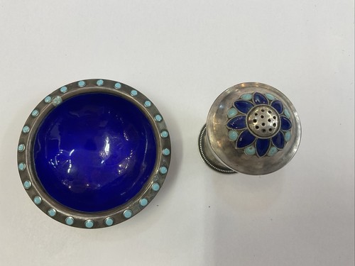 STERLING SILVER 1900-40 RUSSIAN ENAMEL SALT POT PEPPER SHAKER 916 TVE ANTIQUE - Picture 2 of 10