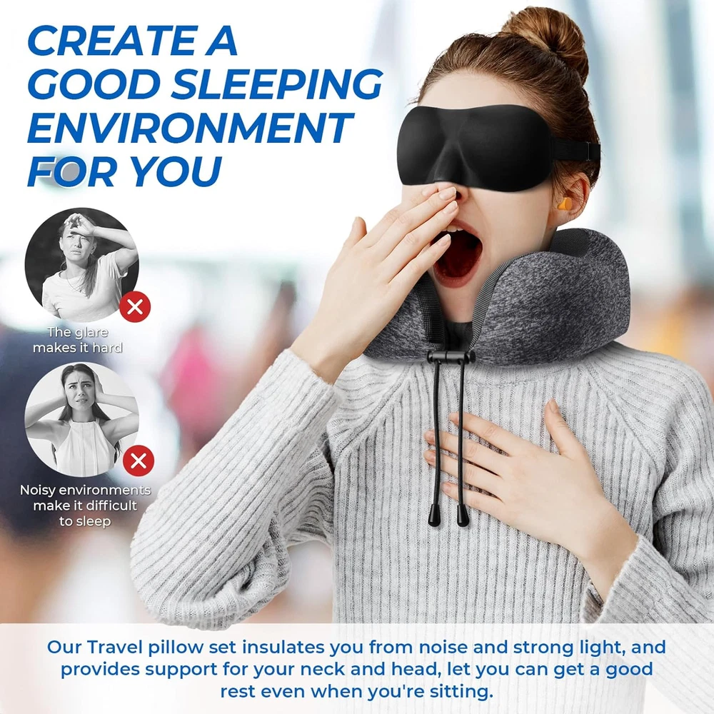 Travel Pillow Set - Memory Foam Neck Pillow, Eye Mask, Earplugs, Storage Bag