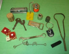 Vintage Junk Drawer Estate Sale Lot Misc. Items Dice Keys Tools Metal Reed Game
