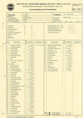Einstelldaten Datenblatt Ersatzteilliste Solex 40PDSI Vergaser Mercedes L208 308