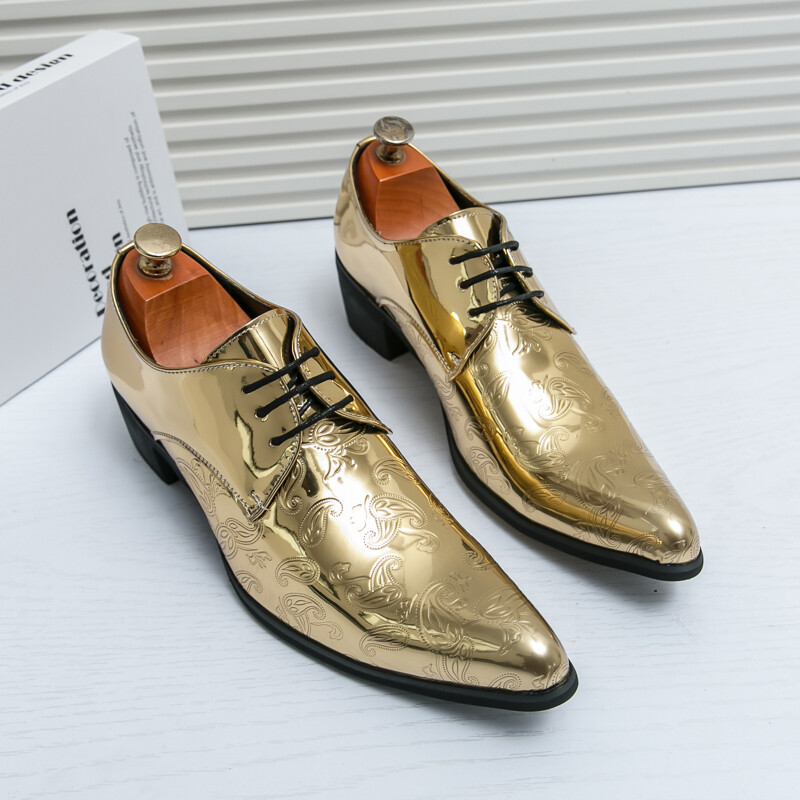 Zapatos Oxford de vestir de tacón bloque con cordones en punta de charol en relieve para hombre