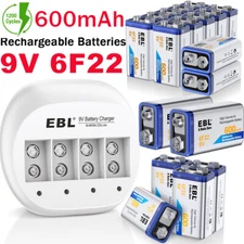 Lot 600mAh 9V 6F22 Lithium Li-Ion Rechargeable Batteries/ 4 Slots 9 Volt Charger