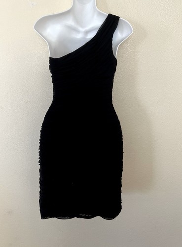 Vtg Y2K Black Ruched One Shoulder Rhinestone Gem Accented Dress Bodycon Club XS - Picture 6 of 10