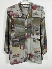 Citron Santa Monica Top Size M Long Sleeve Silk Novelty Print Button Up