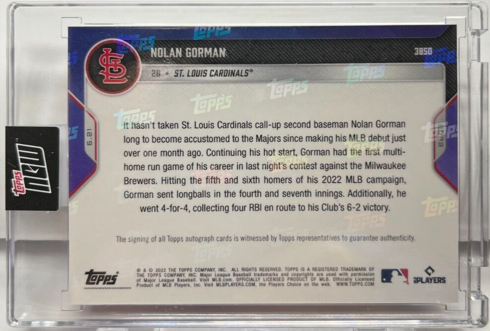 Nolan Gorman 2022 Topps Now MLB 1st MultiHomer Game RED Autograph Auto