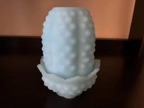 New ListingFenton Powder Blue Hobnail Pattern Glass Art Matte Decorative Candle Holder