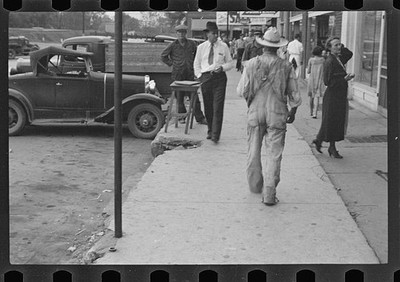 Photo:1930s Small Town Street Men Cars Sidewalk Storefront