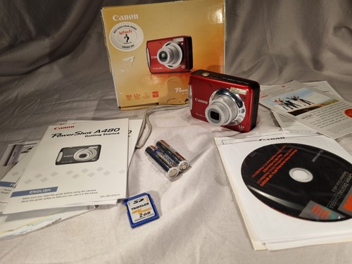 Canon PowerShot A480 10MP Digital Camera * Red * 2GB SD, AAs, Box etc. Near Mint