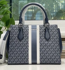 MICHAEL KORS MARILYN MEDIUM SATCHEL SHOULDER BAG PURSE MK NAVY BLUE LOGO STRIPES