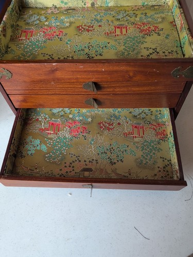 Oriental/Asian Rosewood & Brass Jewelry Box Chest 3 Lined Drawers 14x10x9 - Picture 6 of 23